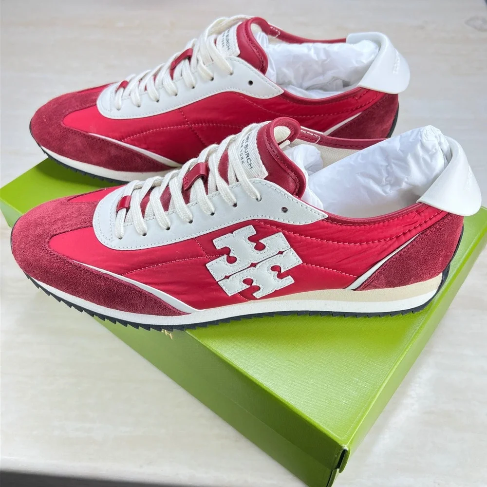 Tory Burch Vintage Sneaker 2.0 Tory Red White Leather Suede 164280 Womens 10.5